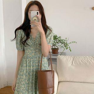 Puff-sleeve Floral Print Midi A-line Dress Blue Floral - Cream Yellow - One Size