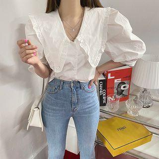 Puff-sleeve Collared Ruffle Trim Plain Blouse