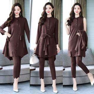 Set: Sleeveless Top + Skinny Pants + Tie Waist Buttoned Jacket
