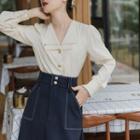 Long-sleeve Open-collar Blouse / Midi A-line Denim Skirt