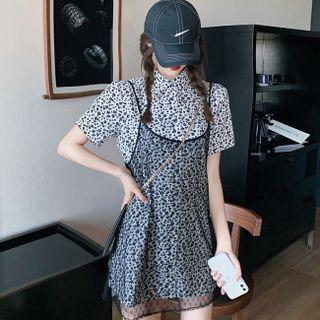 Short-sleeve Leopard Print Shirt / Mesh Overall Dress