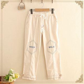 Wild Embroidered Drawstring Cargo Pants Khaki - One Size