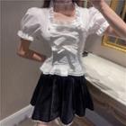 Puff-sleeve Bow Detail Blouse / Faux Pearl Mini Overall Dress