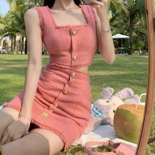 Sleeveless Plain Tweed Cropped Top + High-waist Single-breasted Tweed Skirt