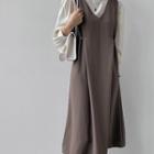 Set Tie-side Midi Overall Dress + Puff-sleeve Blouse