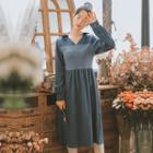 Two Tone V-neck Long-sleeve Midi Dress