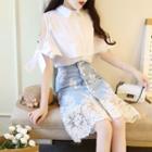 Set: Cold Shoulder Short-sleeve Blouse + Lace Panel A-line Skirt