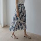 Floral Long Pleated Skirt Dark Blue - One Size