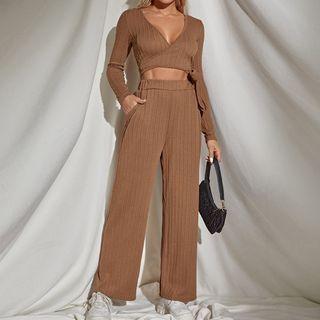 Set: Long Sleeve Wrapped Crop Knit Top + Wide Leg Pants