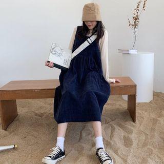 Mock-turtleneck Long-sleeve Top / Midi A-line Corduroy Pinafore Dress