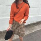 Long Sleeve Knit Top / Plaid Skirt