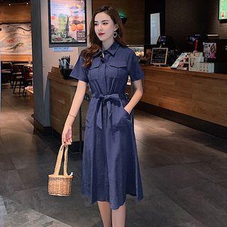 Plain Short-sleeve Split Midi Shirt Dress
