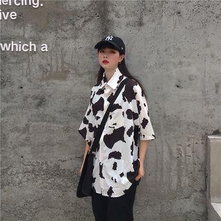 Elbow-sleeve Cow Print Shirt Black & White - One Size