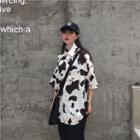 Elbow-sleeve Cow Print Shirt Black & White - One Size