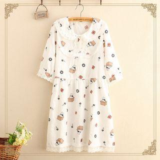 Cat Print Elbow-sleeve Dress