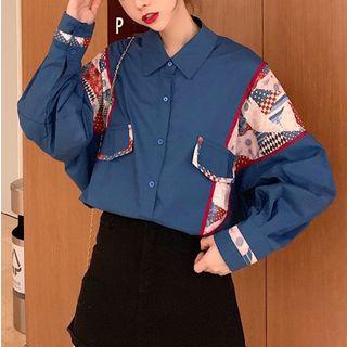 Long-sleeve Pattern Paneled Shirt Blue - One Size