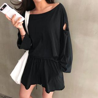Set: Off-shoulder Distressed Top + Drawcord Shorts