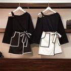 Set: Cold Shoulder Long-sleeve Top + Contrast Trim A-line Skirt