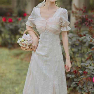 Puff-sleeve Mesh Ruffle Midi A-line Lace Dress