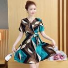 Color Block V-neck Short-sleeve A-line Dress