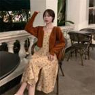 Spaghetti Strap Floral Print Corduroy Midi A-line Dress / Open-front Cardigan