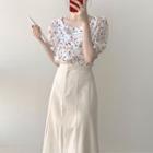 Short-sleeve Floral Top / Midi A-line Skirt / Set