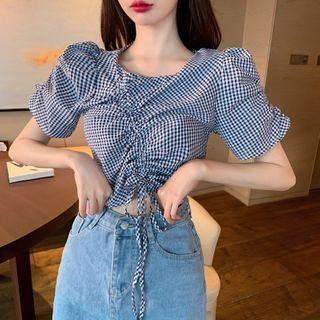 Short-sleeve Checked Drawcord Crop Top