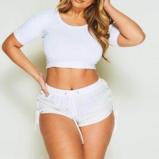 Set: Plain Short-sleeve Crop Top + Lace-up Shorts