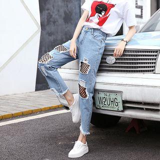Distressed Mesh Panel Straight-cut Jeans