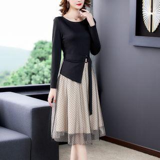 Long-sleeve Belted Dotted Panel A-line Dress