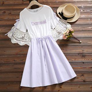 Short-sleeve Letter Striped Paneled A-line Dress
