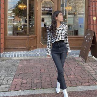 Cropped Sailor Collar Houndstooth Cardigan
