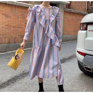 Striped Long-sleeve Ruffle Midi Dress As Shown In Figure - One Size