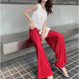 Set: Sleeveless Fringed Top + Pleated Wide-leg Pants