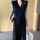 Long-sleeve Plain Top / Furry Vest / High-waist Split Hem Skirt