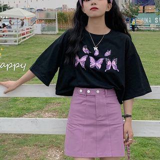 Butterfly Print Elbow-sleeve T-shirt / Mini A-line Skirt