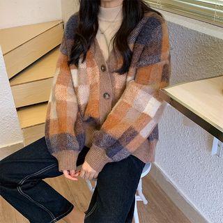 Check Loose-fit Cardigan As Figure - One Size