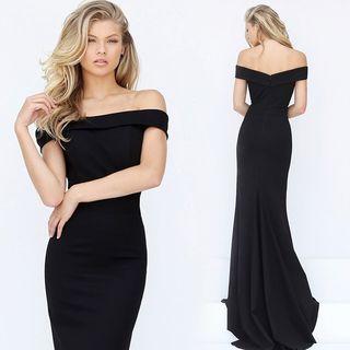 Off Shoulder Open Back Mermaid Chapel Train Evening Dress