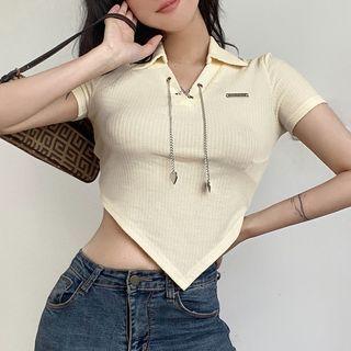 Short-sleeve Collar Asymmetrical Crop Knit Top