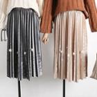 Embellished Accordion Pleat Midi Velvet Skirt