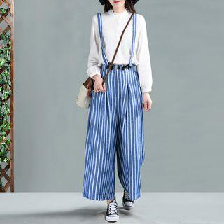 Striped Suspender Wide Leg Pants Blue - One Size