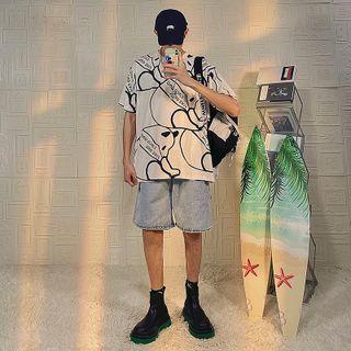 Elbow-sleeve Lettering Panda Print T-shirt