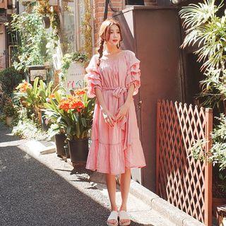 Square-neck Shirred Dress With Sash