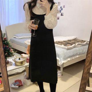 Puff-sleeve Shirt / Midi Overall Dress / Set