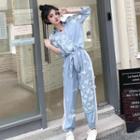 Long Sleeve Accent Butterfly Lace Up Shirt/ Elastic-waist Contrast Line Accent Butterfly Pants