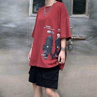 3/4-sleeve Printed T-shirt / Wide-leg Cargo Shorts