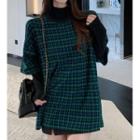 Elbow-sleeve Houndstooth T-shirt Green - One Size
