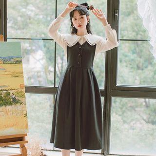 Long-sleeve Shirt / Midi A-line Pinafore Dress / Set