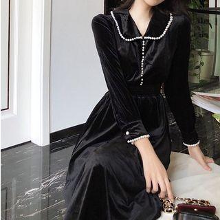 3/4-sleeve Collared Midi A-line Velvet Dress