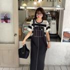 Plus Size Short-sleeve Mock Two-piece Striped Midi Dress
